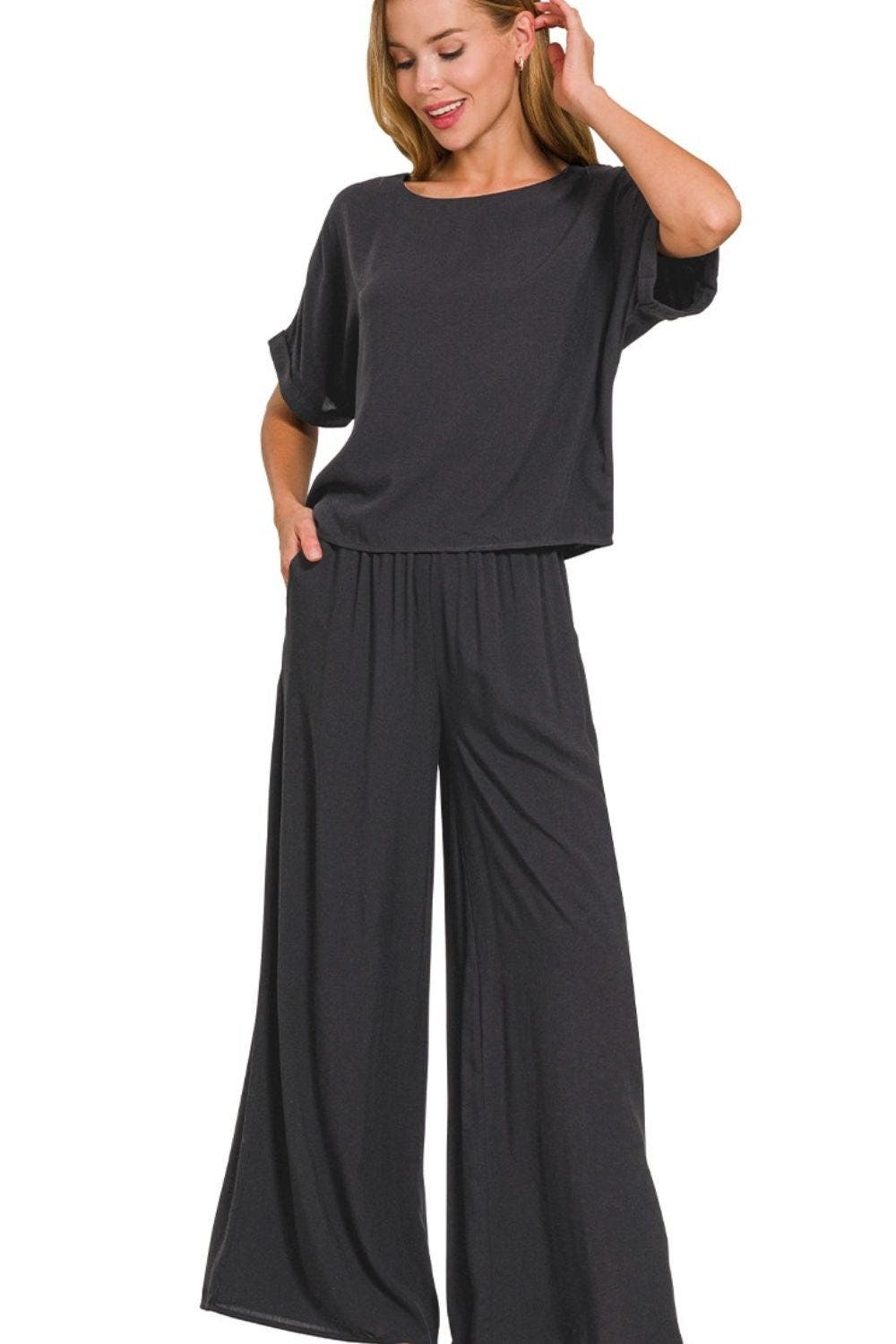 Zenana Round Neck T-Shirt and Wide Leg Pants Set