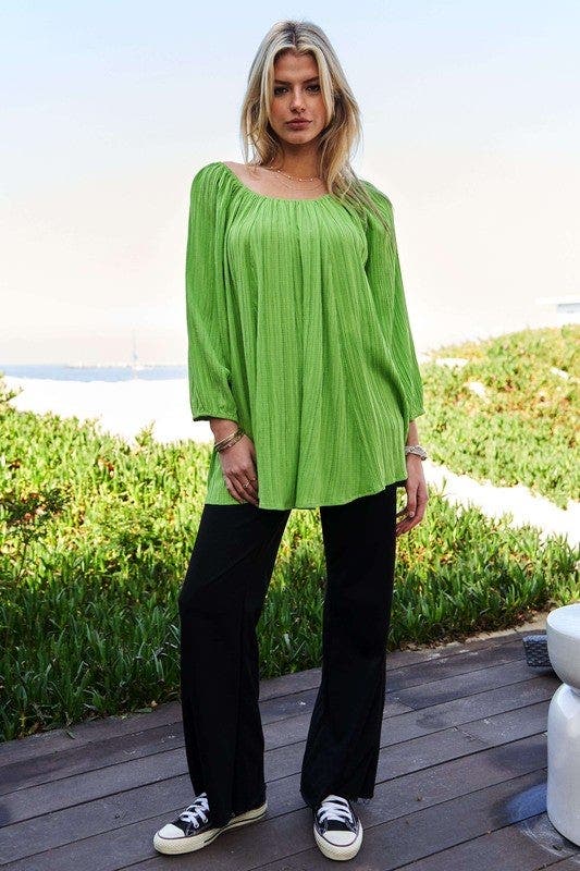 Davi & Dani Crinckled Texture Fabric Round Neck Swing Top