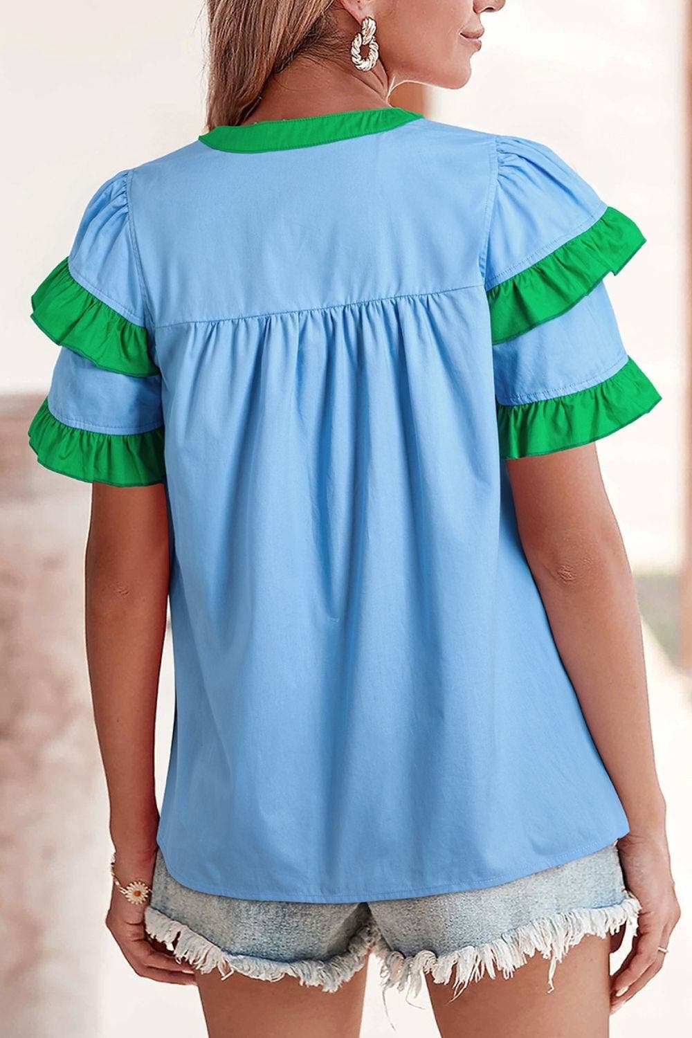 Contrast Notched Neck Frilly Detail Short Sleeve Blouse