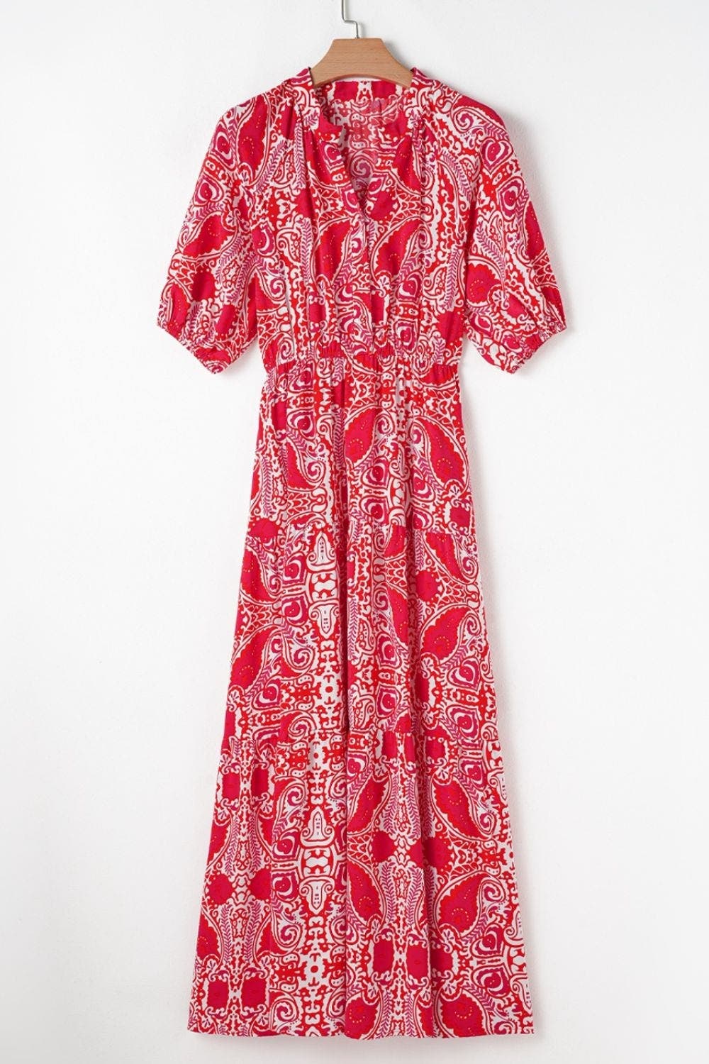 Paisley Print Side Slit Puff Sleeve High Waist Maxi Dress