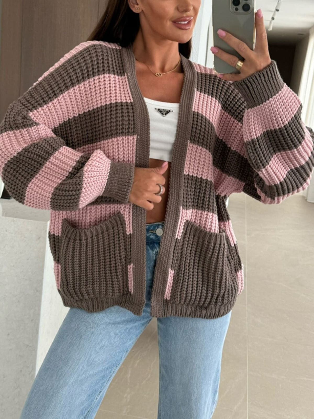Striped Open Front Long Sleeve Cardigan