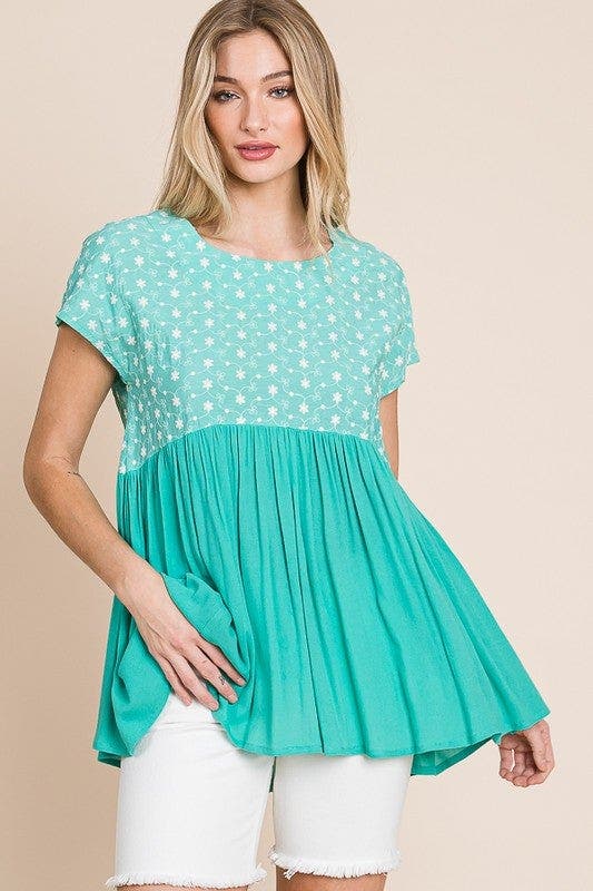 Lime 'N' Chili Full Size Embroidered Short Sleeve Pleated Babydoll Top Plus Size