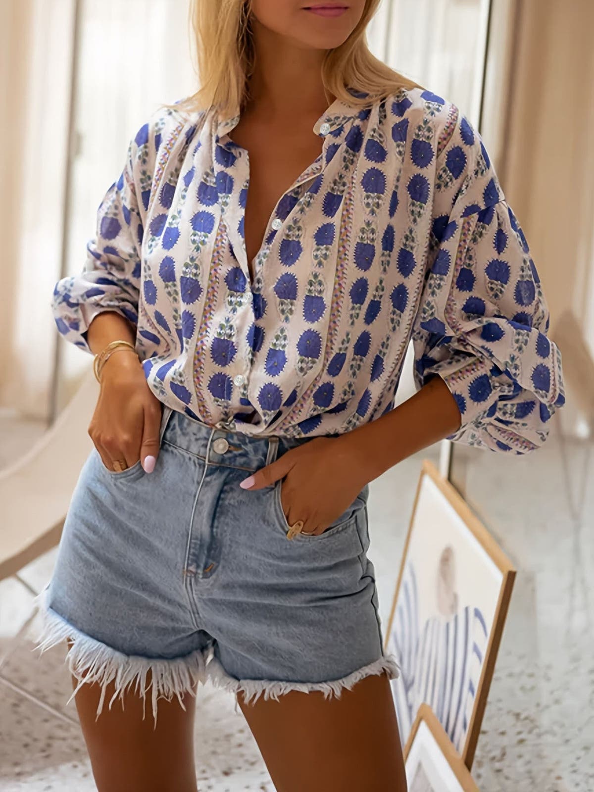 Printed Button Up Long Sleeve Shirt