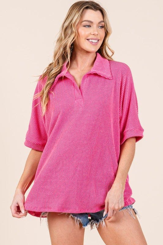 BOMBOM Ribbed Collared Neck Top