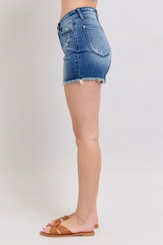 Judy Blue Full Size V-Front Denim Shorts with Shield Pockets Plus Size