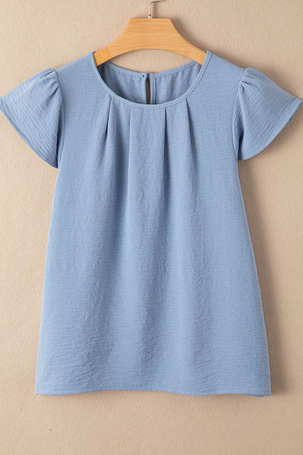 Solid Color Flounce Sleeve Pleated Round Neck Blouse