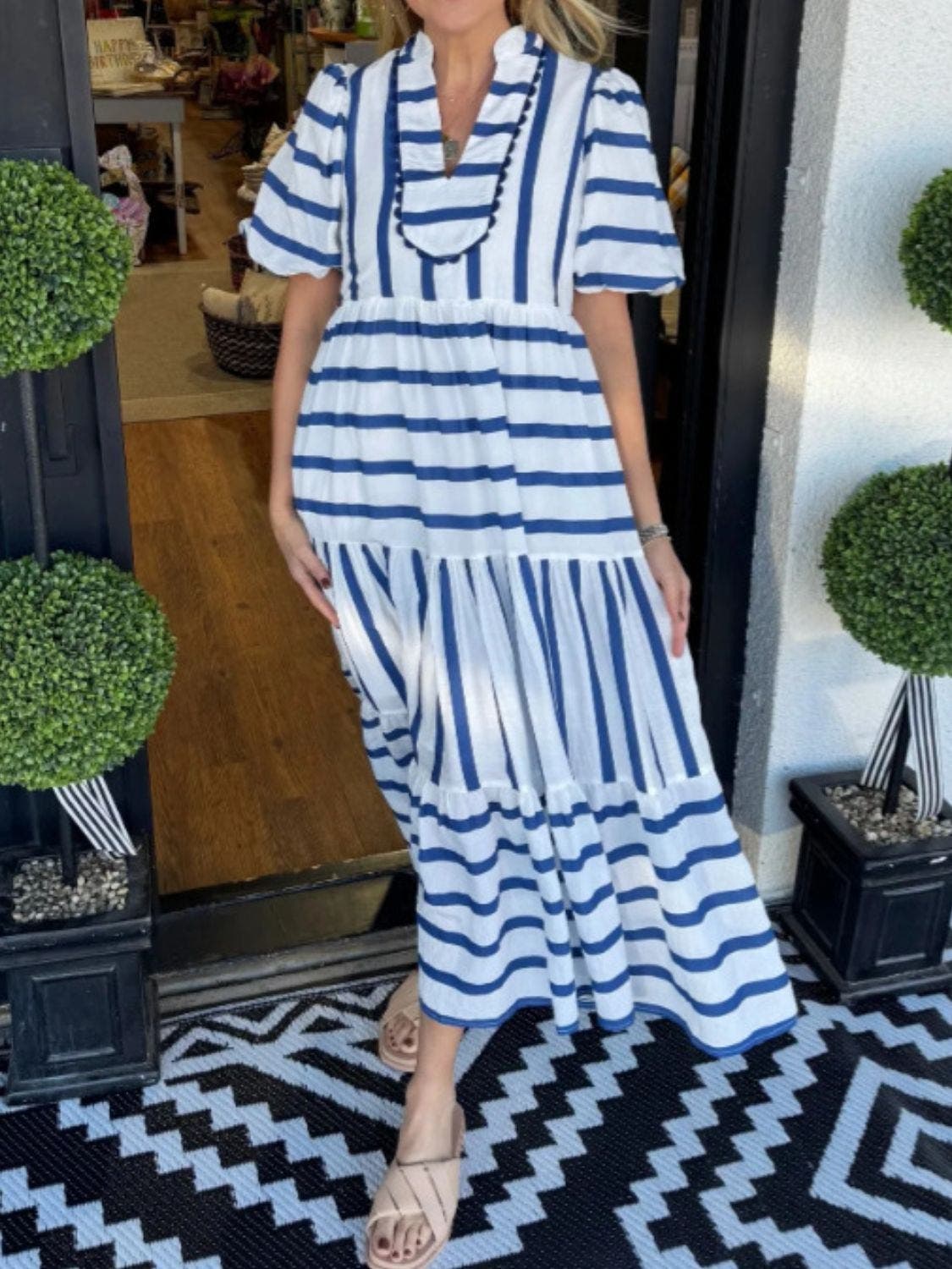 Striped Notched Puff Sleeve Midi Dress