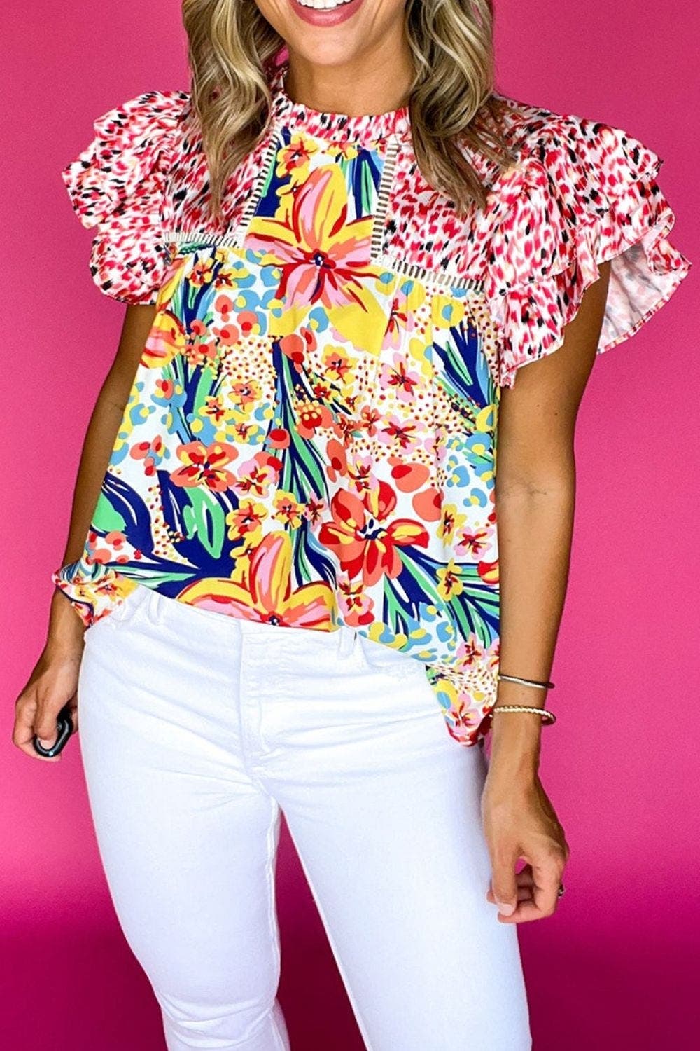 Printed Round Neck Cap Sleeve Blouse