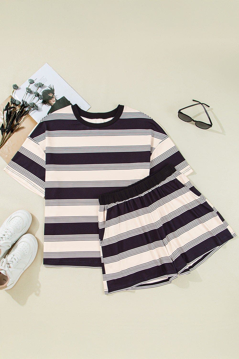 Stripe Half Sleeve T-Shirt and High Waist Pocketed Shorts Set