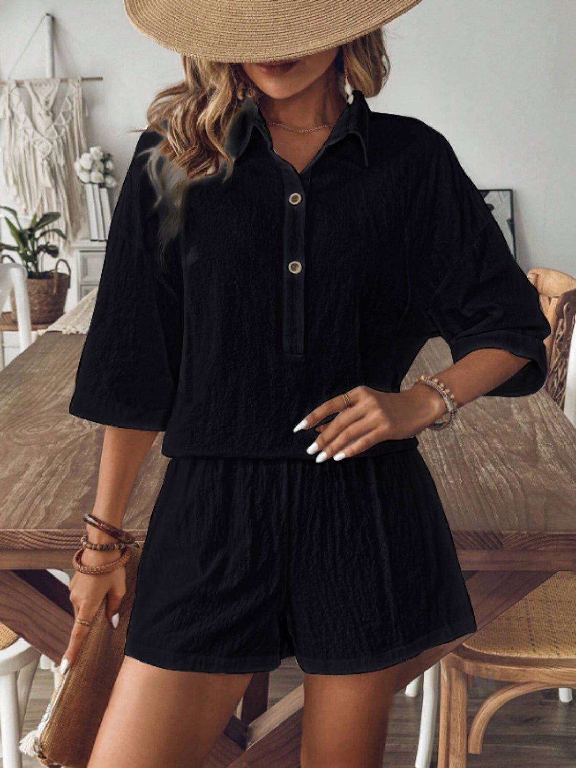 Collared Neck Half Sleeve Top and Shorts Set