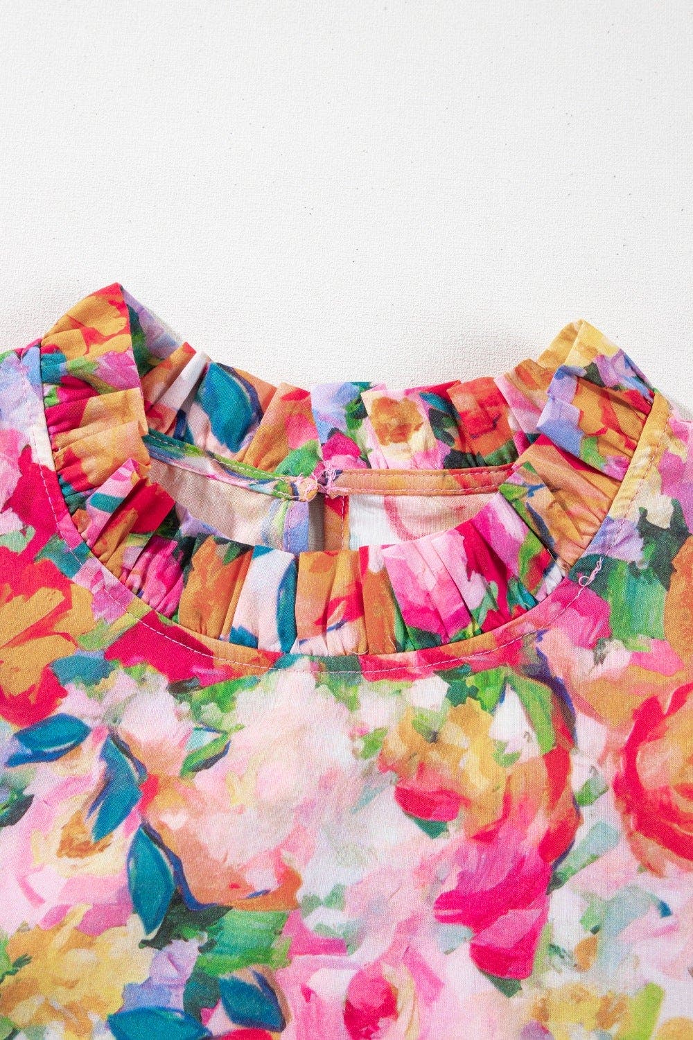 Lace Trim Ruffle Cap Sleeve Floral Blouse