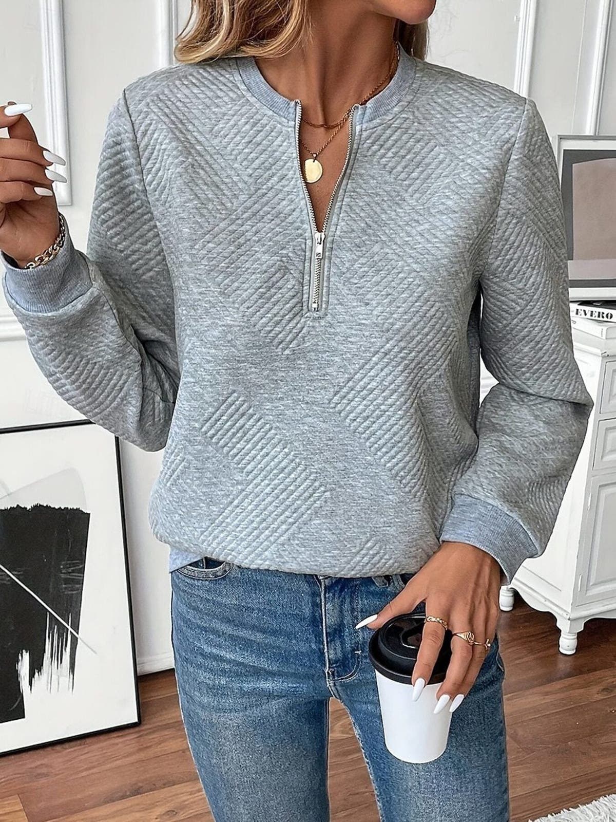 Quarter Zip Textured Long Sleeve Sweatshirt