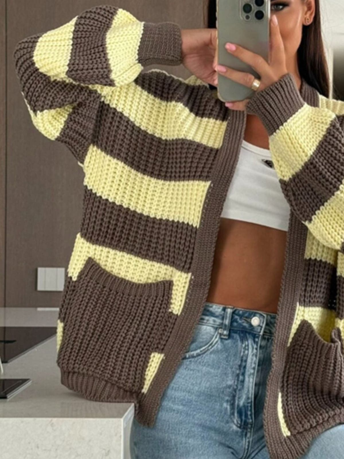 Striped Open Front Long Sleeve Cardigan