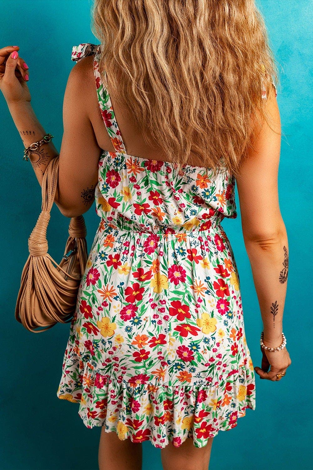 Floral Knotted Straps Cinched Waist Ruffle Hem Mini Dress
