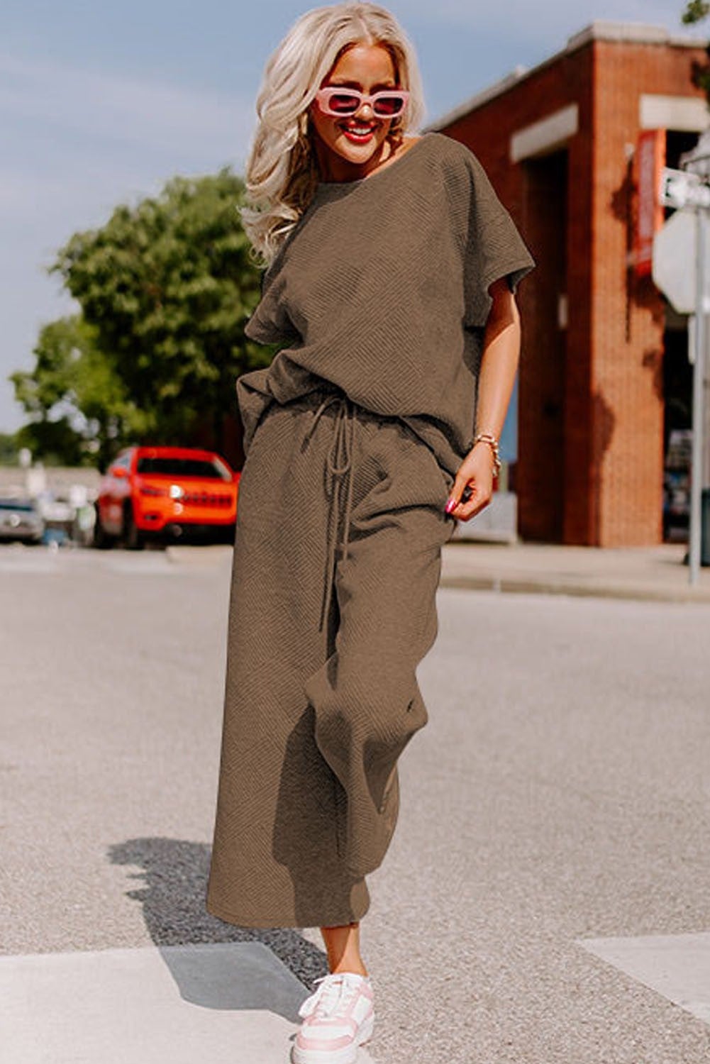 Textured Matching Set-Short Sleeve Top with Pants | Homepage