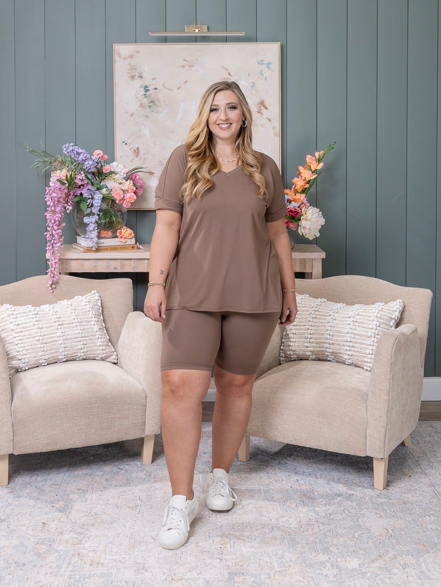 Zenana Brushed Microfiber V Neck Top & Biker Short Set | S-3X