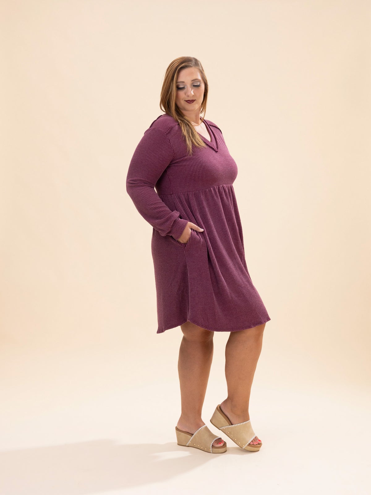 Long Puff Sleeve Solid Raised Rib Baby Doll Dress S-3XL Great