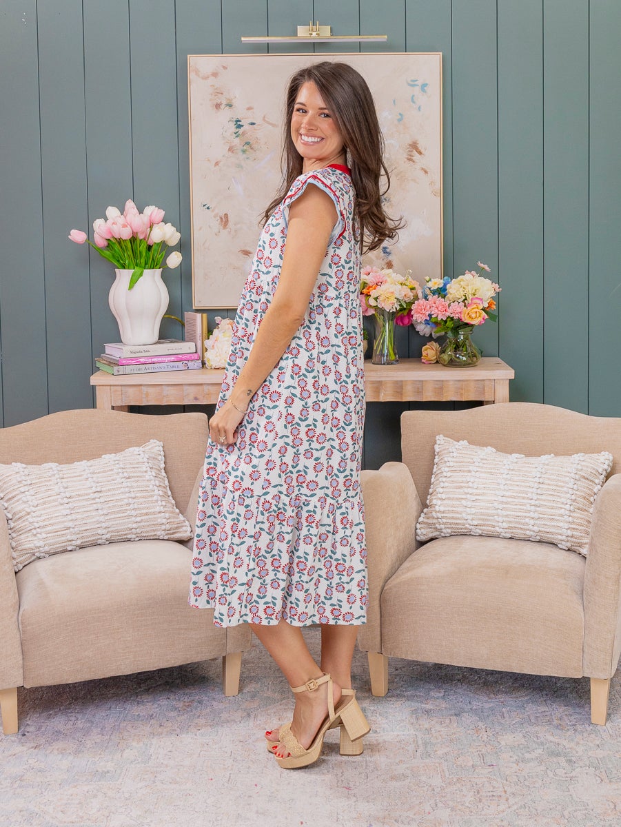 Sunflower Print Striped Trim Flutter Sleeve Midi Dress | S-XL