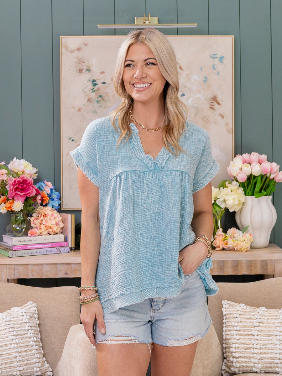 Zenana Washed Double Gauze Raw Edge Short Sleeve Top | S-3X