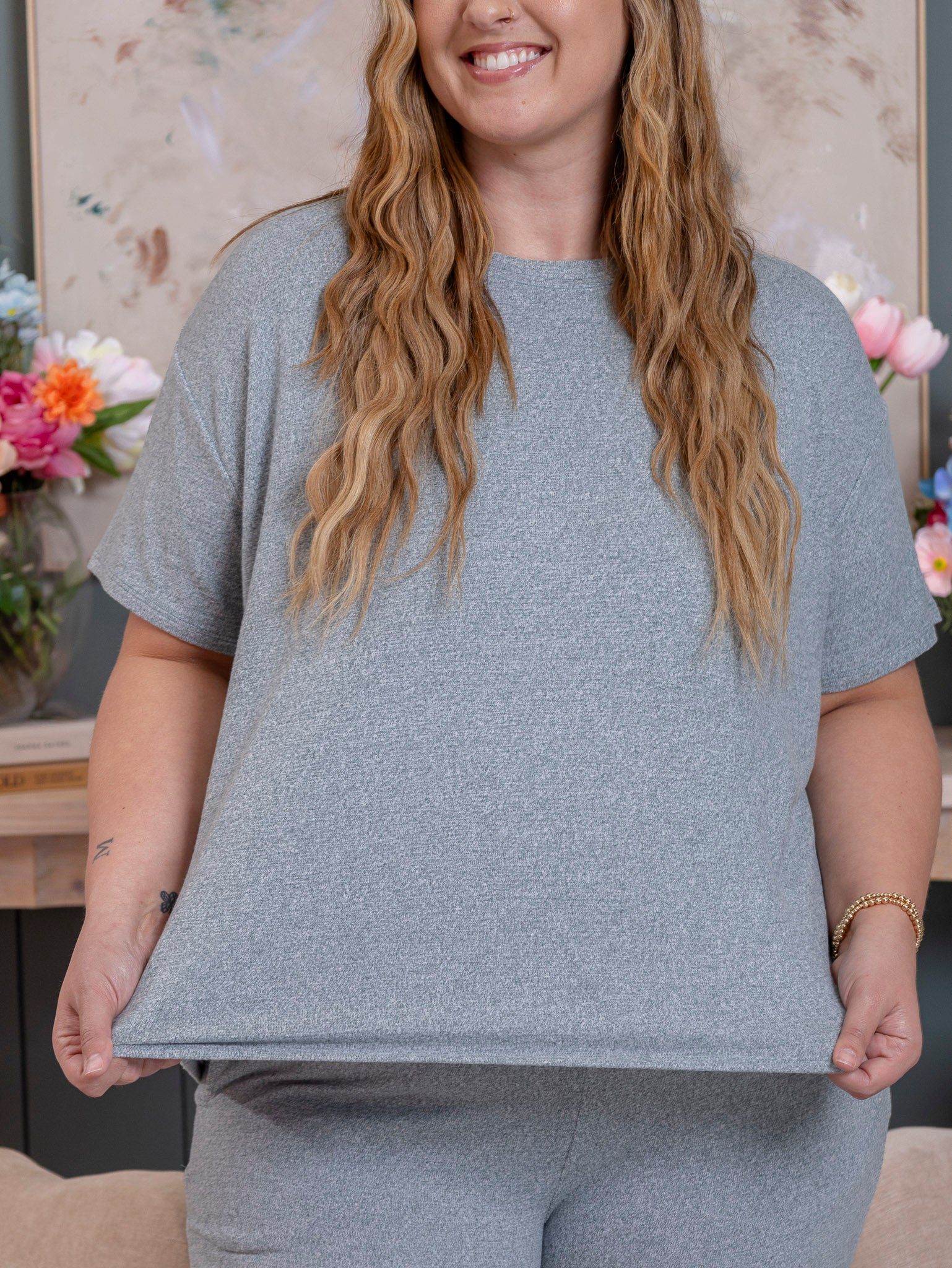 Zenana Soft Melange Short Sleeve Tee & Long Pant Set | S-XL