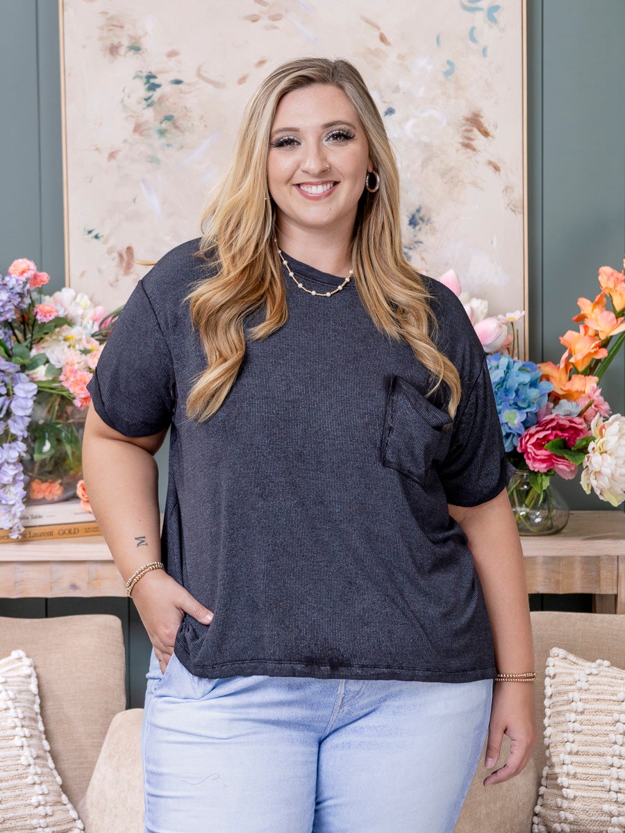 Zenana Washed Ribbed Short Sleeve Top With Pocket | S/M-2X/3X
