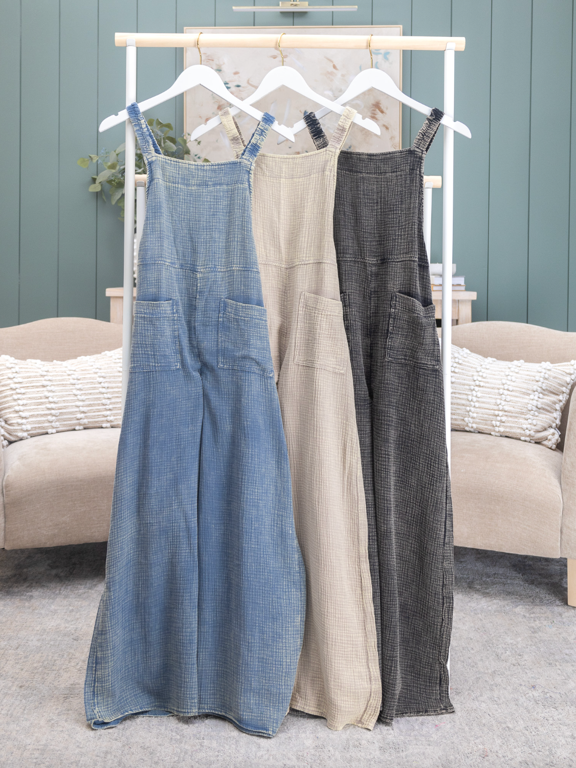 Zenana Washed Double gauze Elastic Waist Wide Leg Overalls