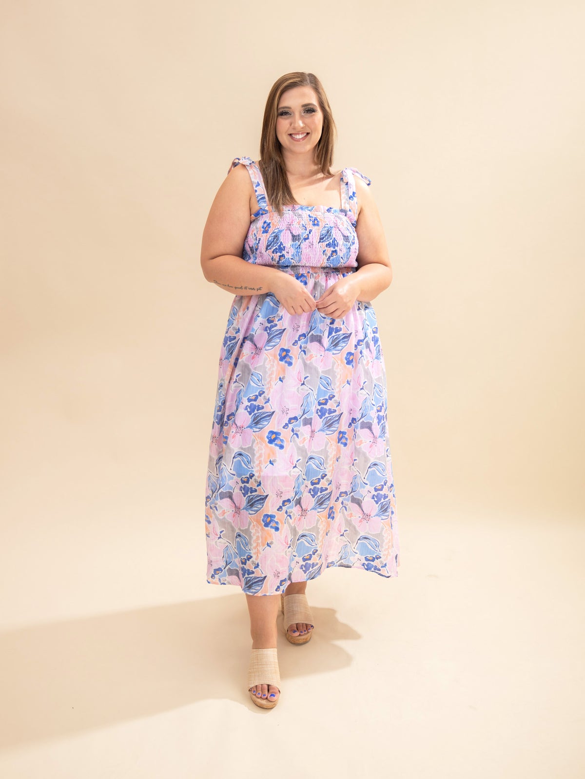 Floral Print Smocked Bodice Midi Dress with Tie Straps | S-3XL | Great  Fashion. Amazing Deals. | Discount Divas Women's Clothing Boutique