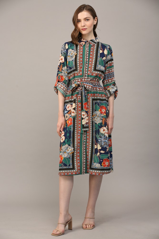 scarf print shirt dress Linen shirt dress with scarf print