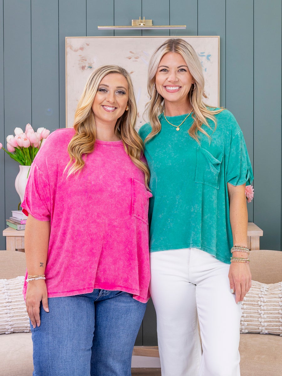 Zenana Washed Ribbed Short Sleeve Top With Pocket | S/M-2X/3X