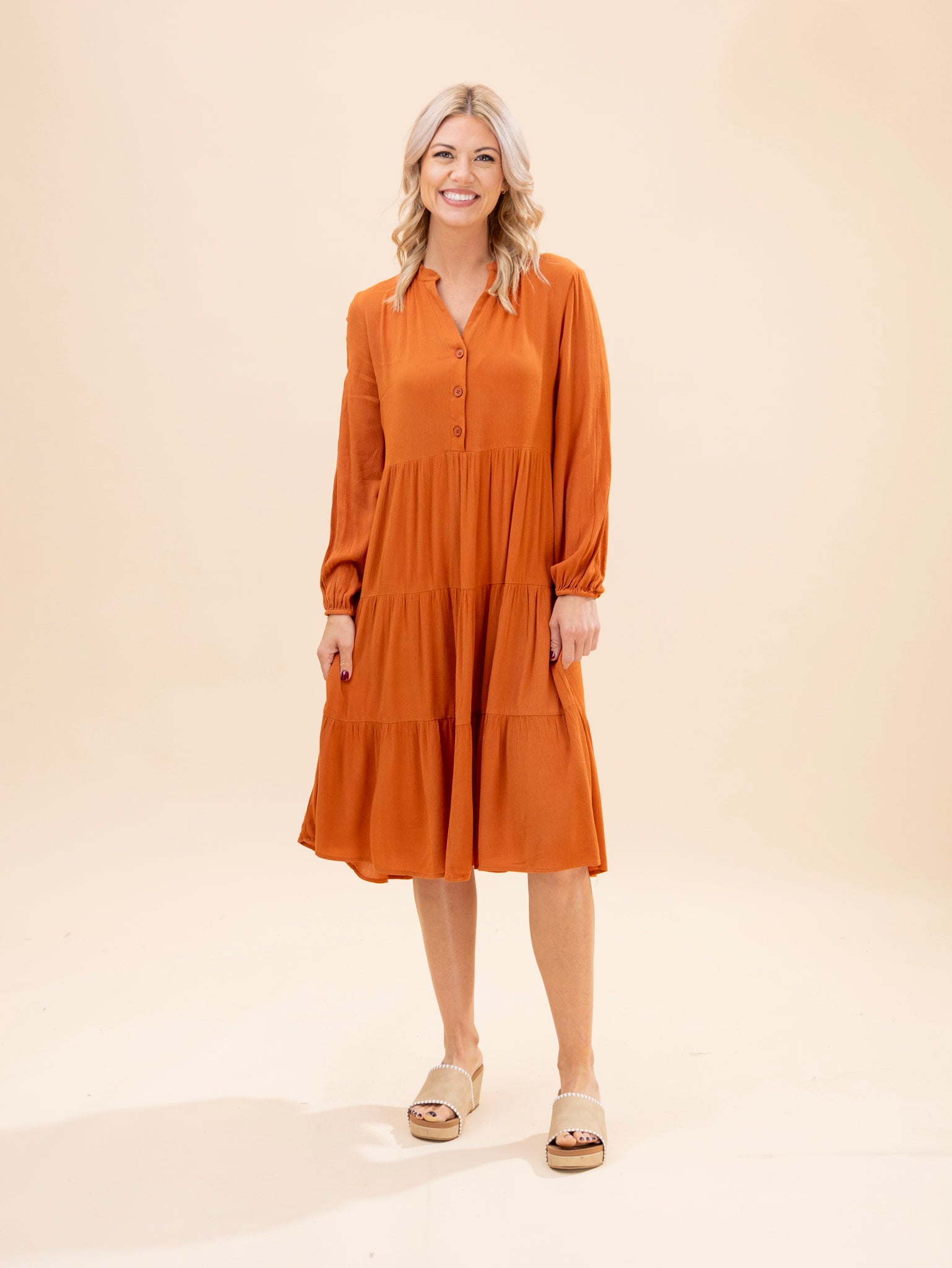 Cascades Long Sleeve Tiered Dress サイズ3 Long Sleeve Button Front Tiered Dress | S - 3XL | Great
