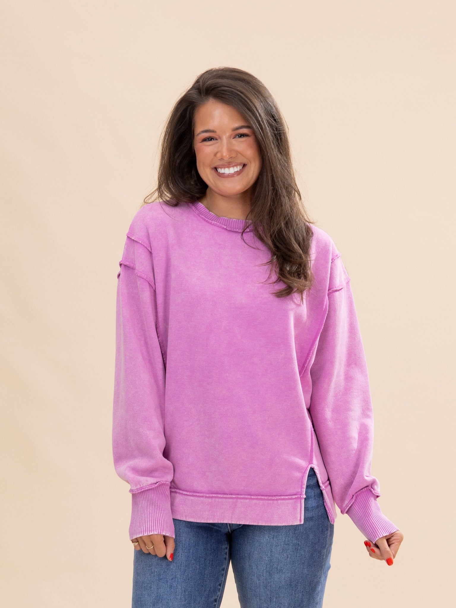 Zenana Acid Wash Exposed Seam Fleece Sweatshirt | S-L NEW | Great