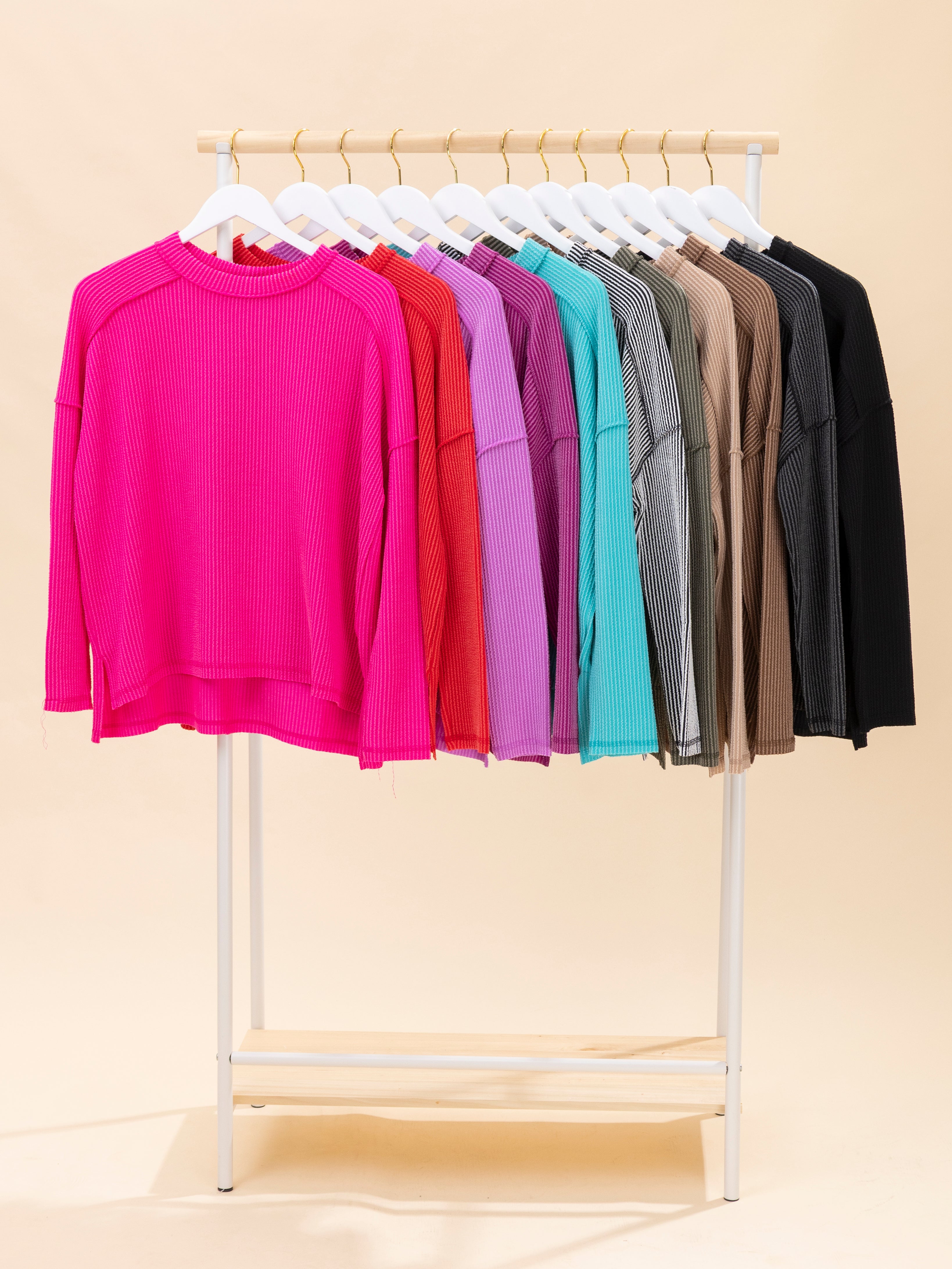 Zenana Raised Rib Exposed Seams Boat Neck Long Sleeve Top