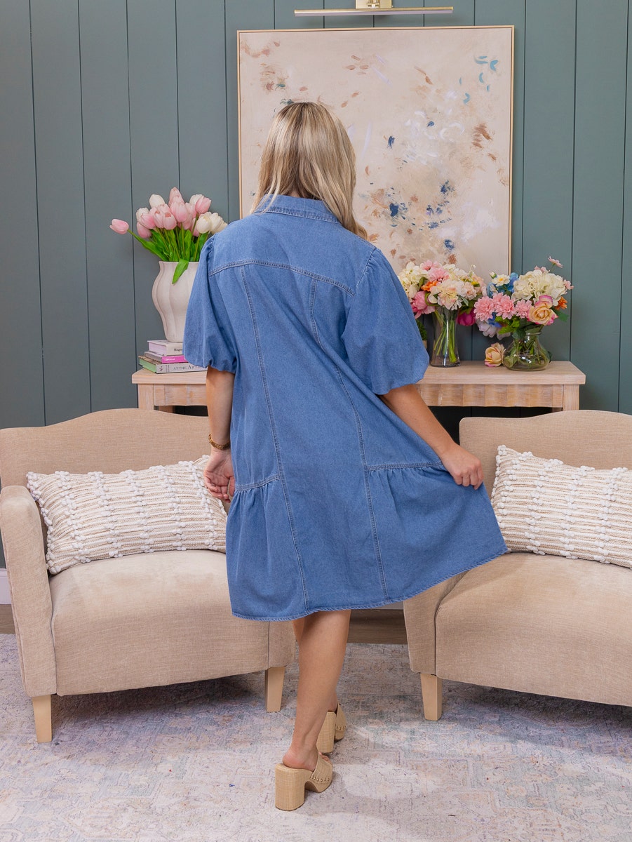 ruffle hem denim dress Avec Les Filles Women's Tie-Dye - Blue 10 33.1 66.9 33.5 M 8 Button Down Short Puff Sleeve