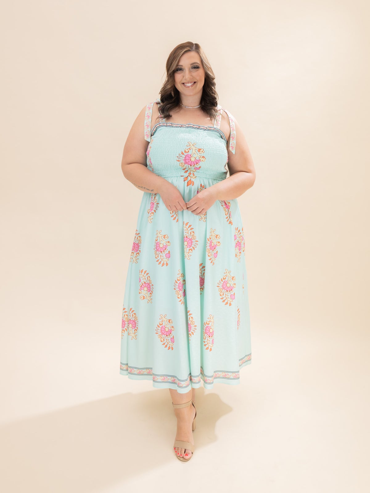 knee length dresses for ladies TIED STRAP SMOCKED BACK A-LINE MIDI DRESS – Tenshoppe-store main image 1