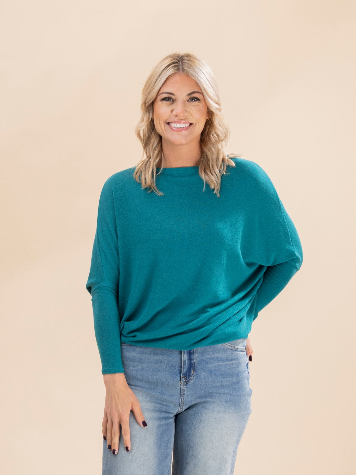 WT742 Women's Boat Neck Short Sleeve Drape Top - Slouchy Knit, Boxy Kimono Sleeves, Cobalt Blue