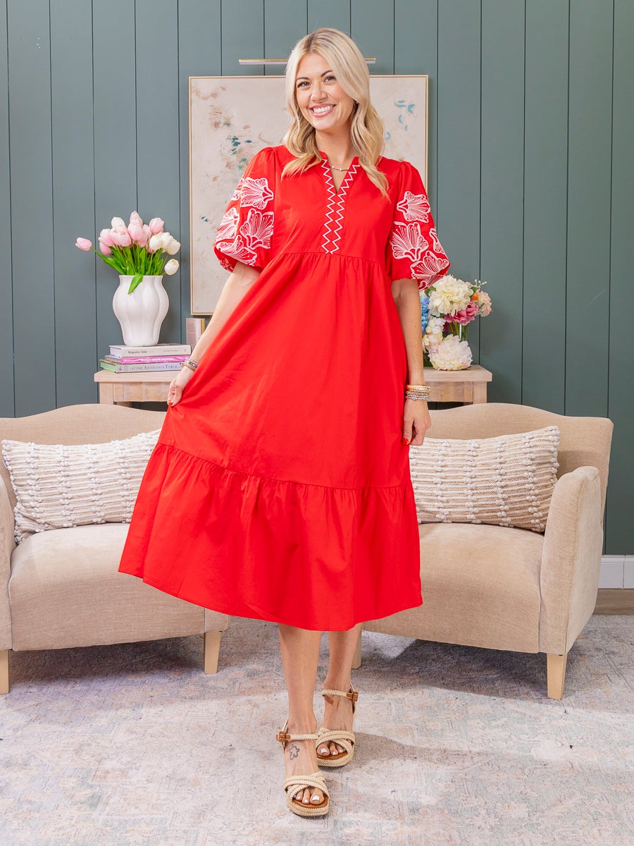 Puff Sleeves Embroidered Midi Dress | S-L | Great Fashion. Amazing