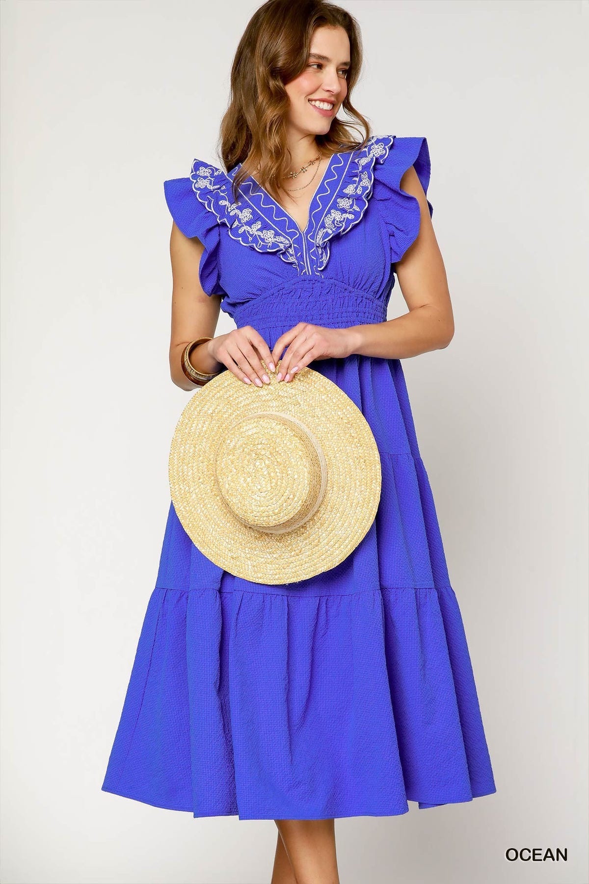 green emerald velvet dress Umgee Printed Notched Midi Dress – Vogue To Vintage Boutique, LLC main image 0