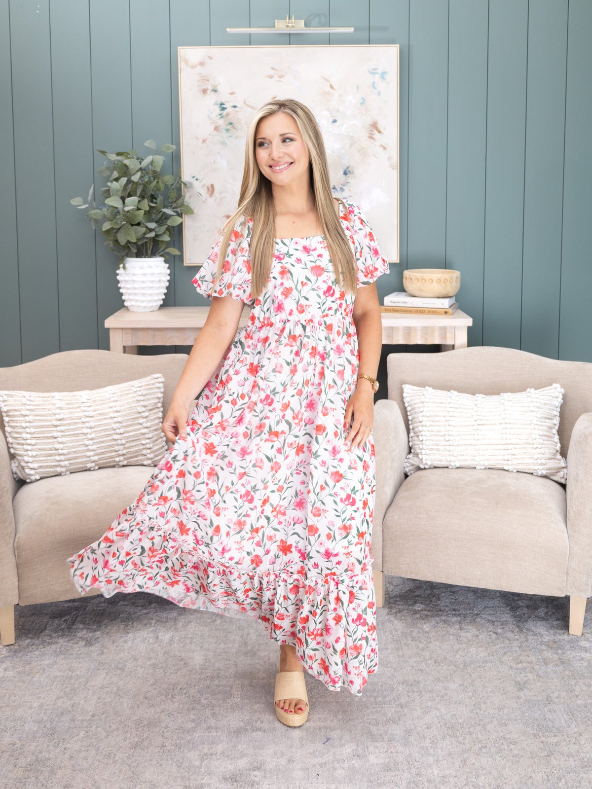 knee length dresses for ladies SQUARE NECK LONG PUFF SLEEVE SMOCKED FLORAL DRESS