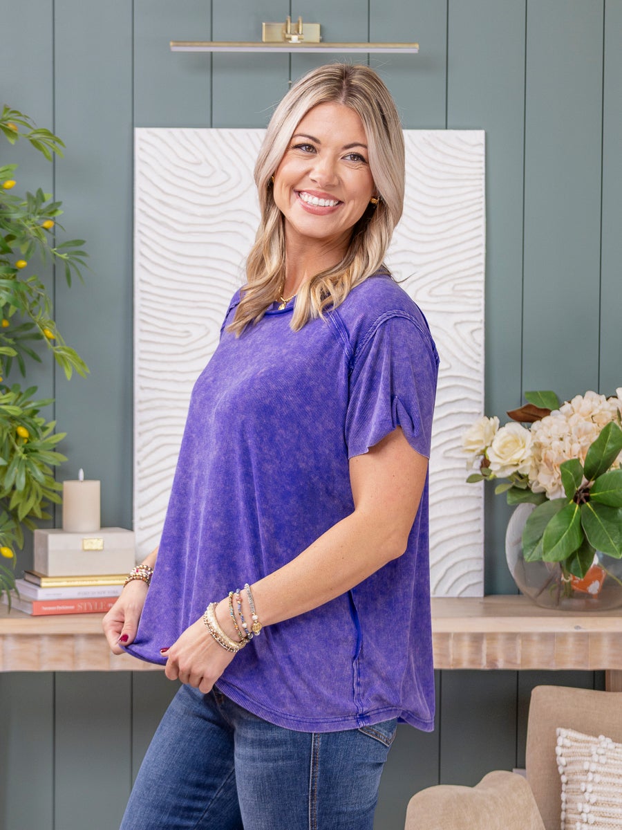Zenana Short Sleeve Oversized Washed Ribbed Top | S/M-2X/3X