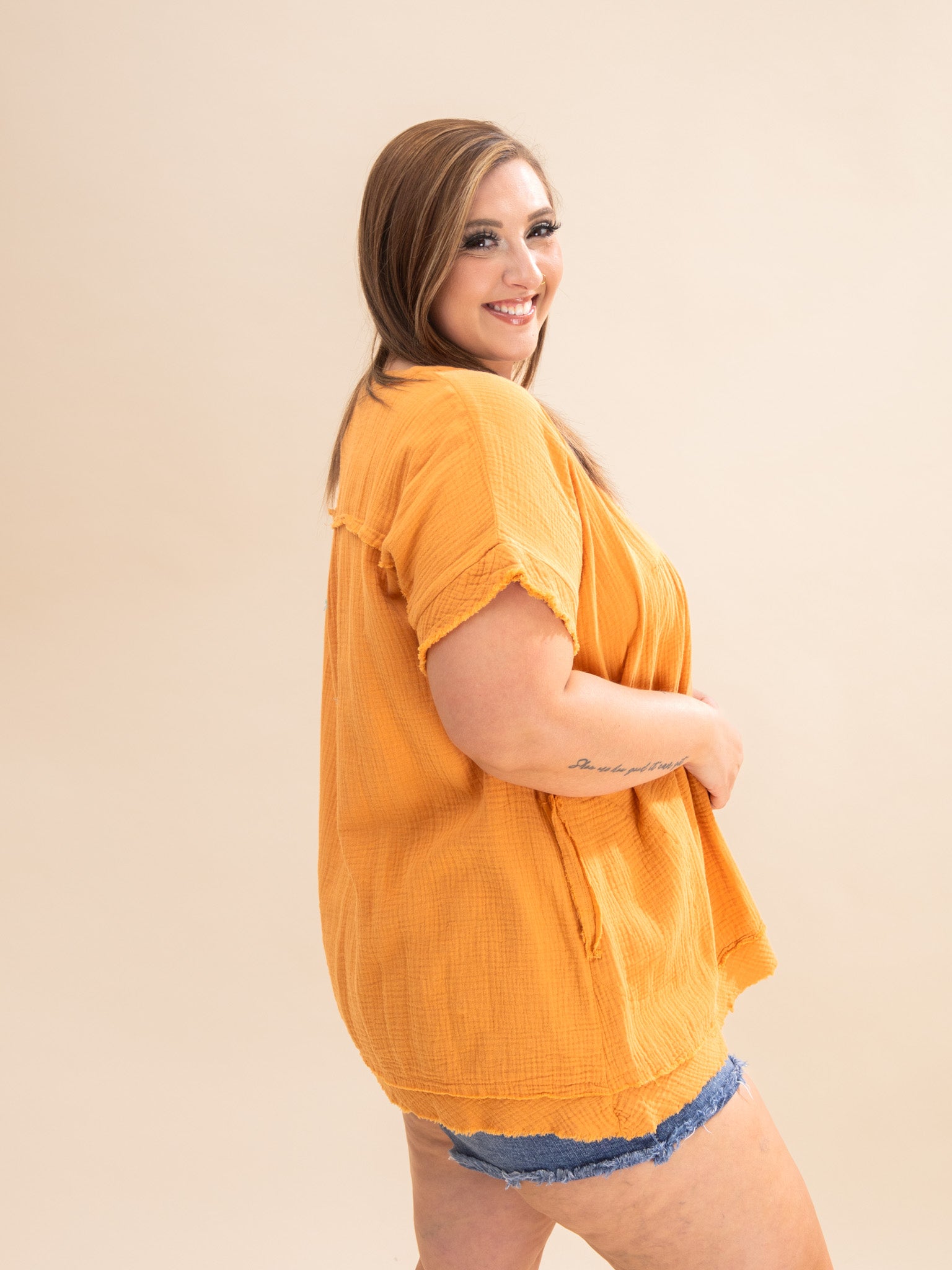 Zenana Gauze Raw Edge Short Sleeve V Neck Babydoll Shirt | S-3X