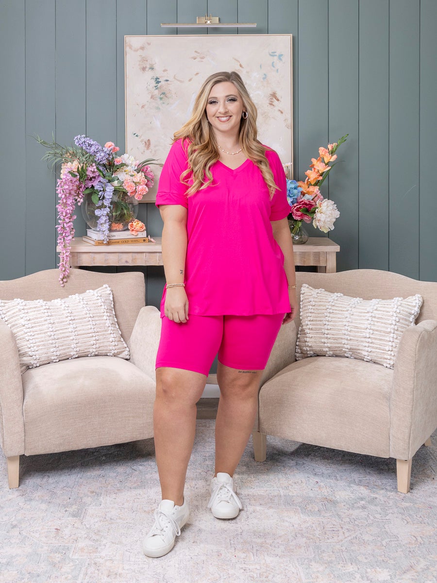 Zenana Brushed Microfiber V Neck Top & Biker Short Set | S-3X