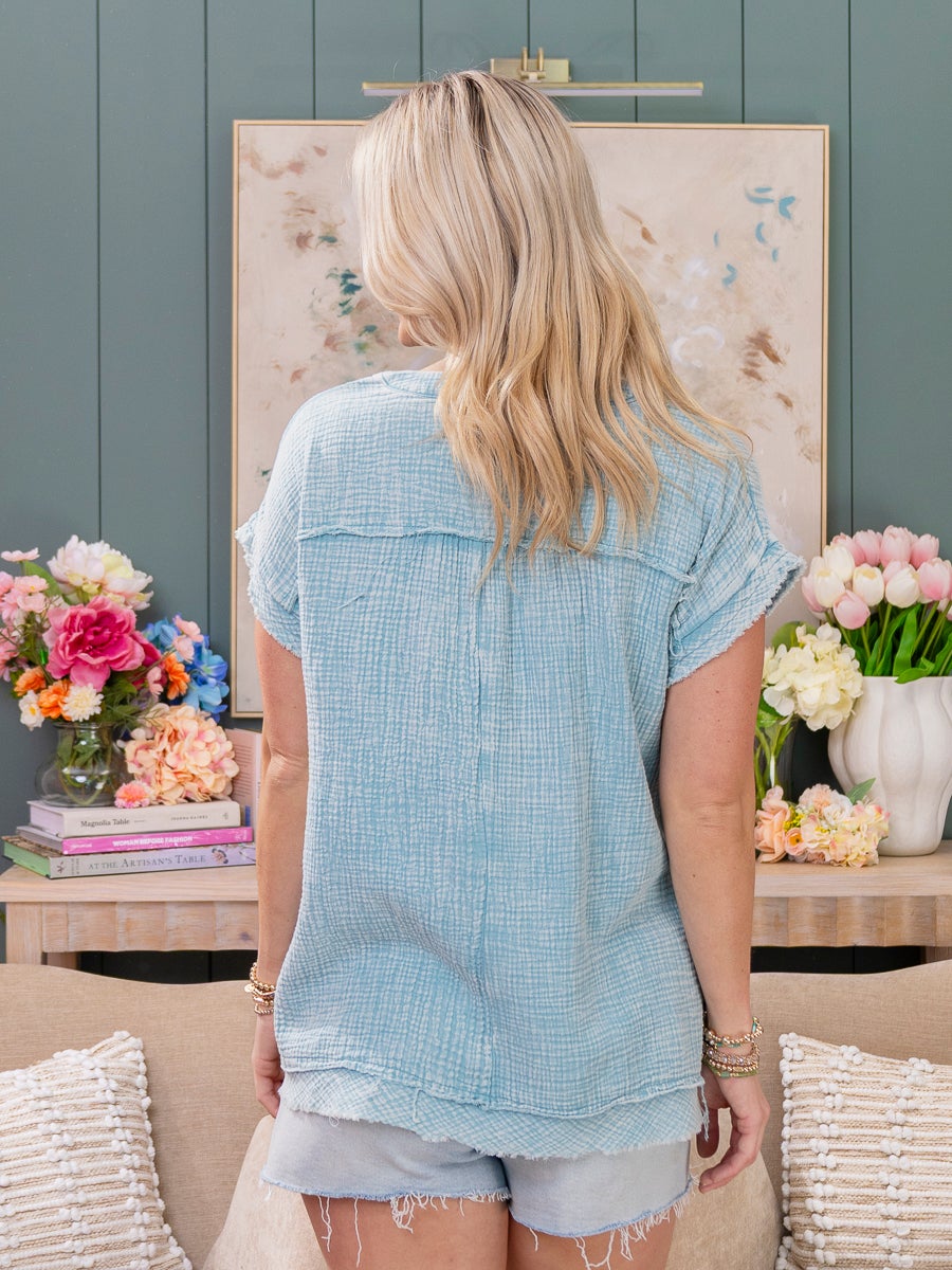 Zenana Washed Double Gauze Raw Edge Short Sleeve Top | S-3X
