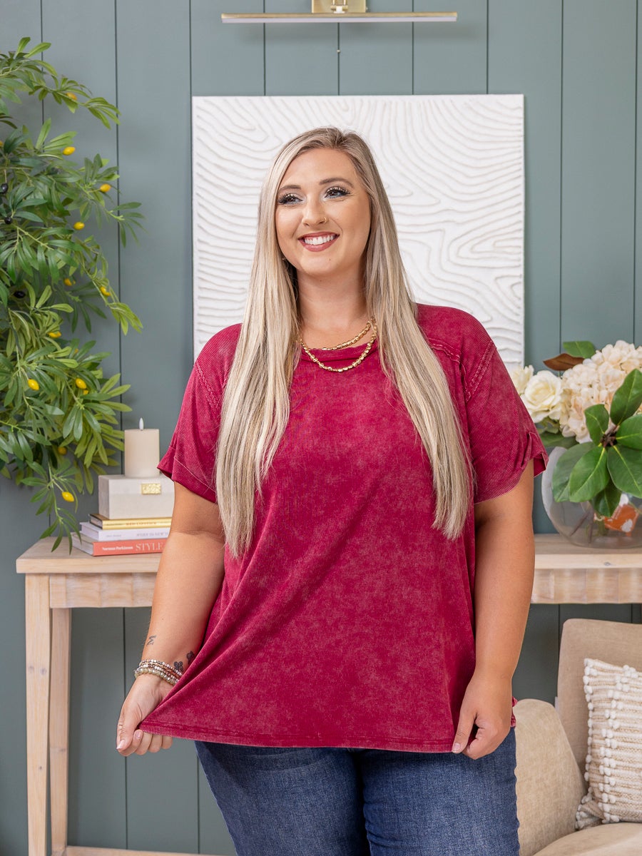 Zenana Short Sleeve Oversized Washed Ribbed Top | S/M-2X/3X