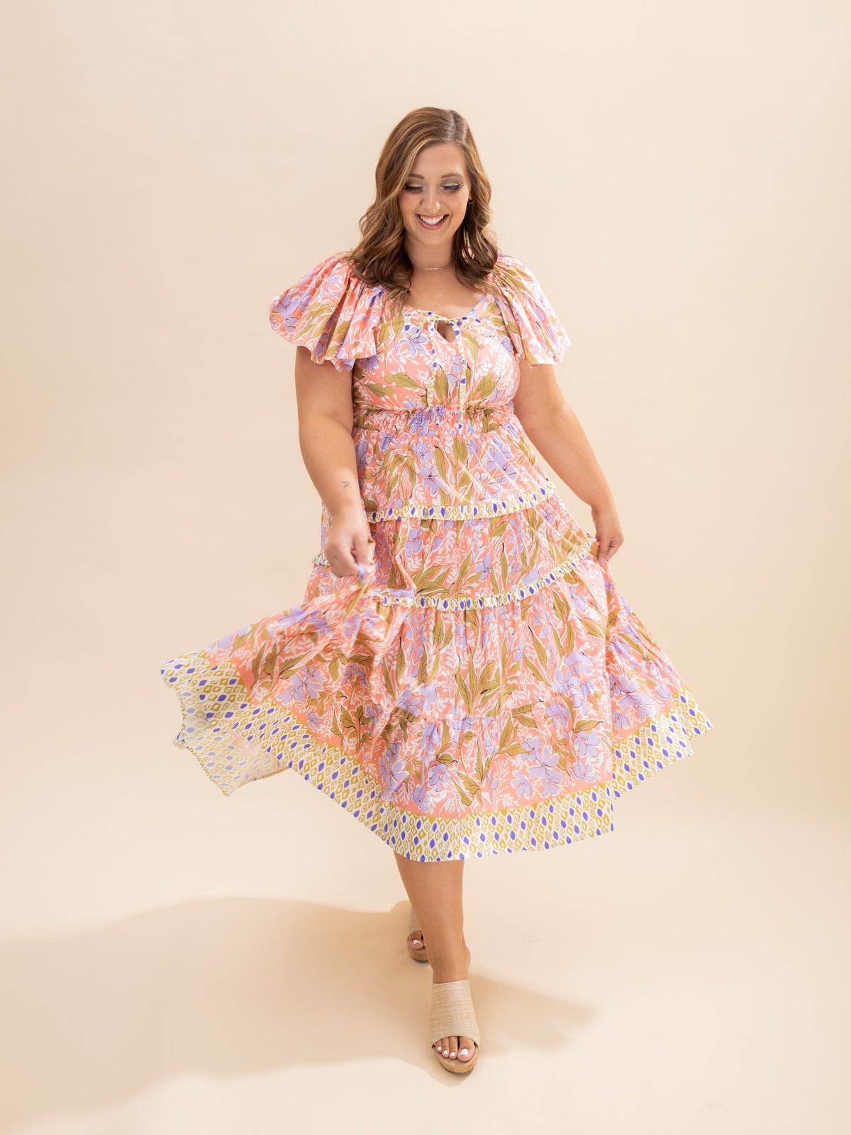 Mixed Print Tiered Midi Dress | S - L Umgee - Coral Pink/Medium