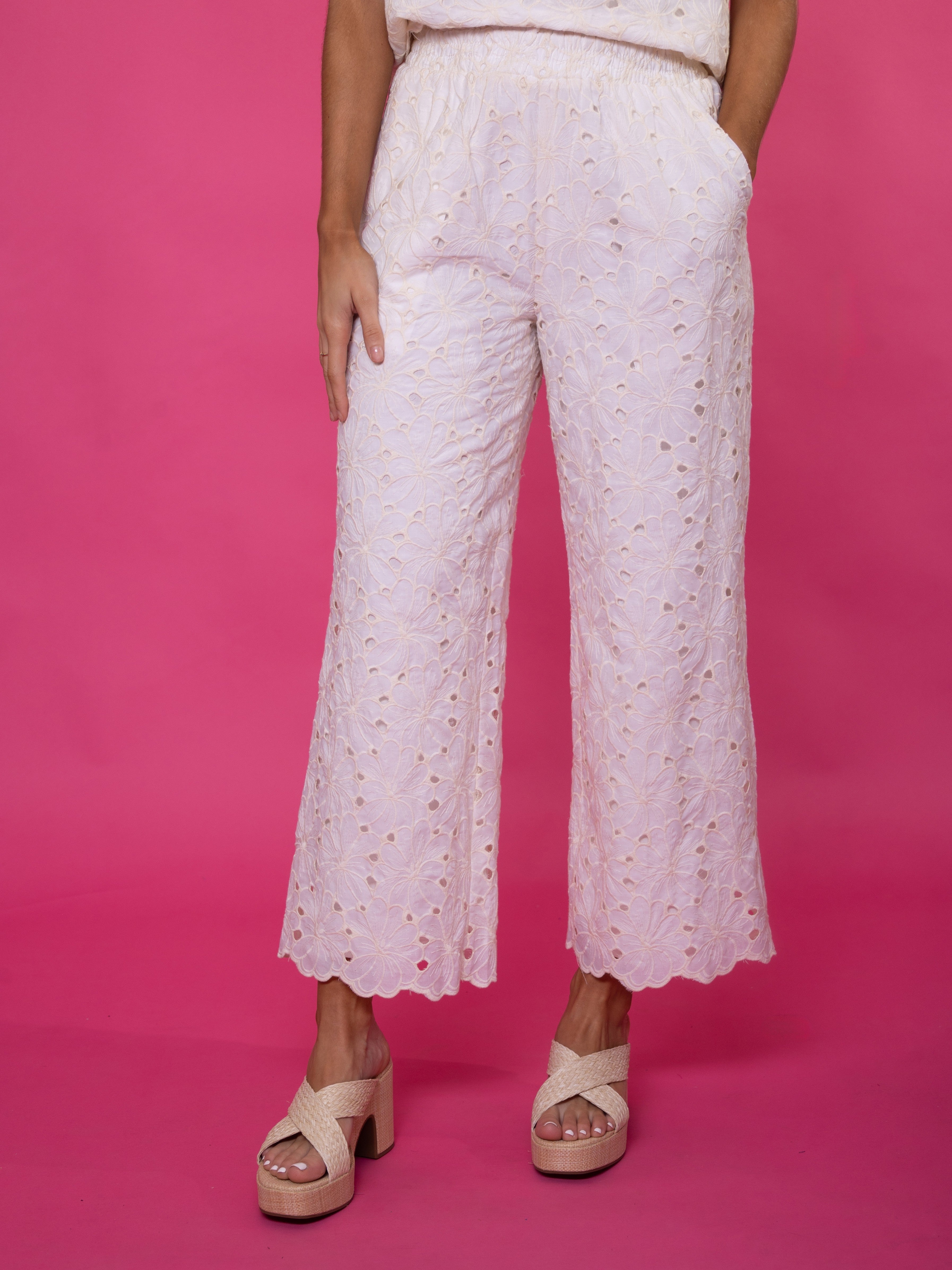 【Raucohouse】Double placket eyelet wide pants Off White Wide Leg Elastic Waist Woven Pants | Lime Lush