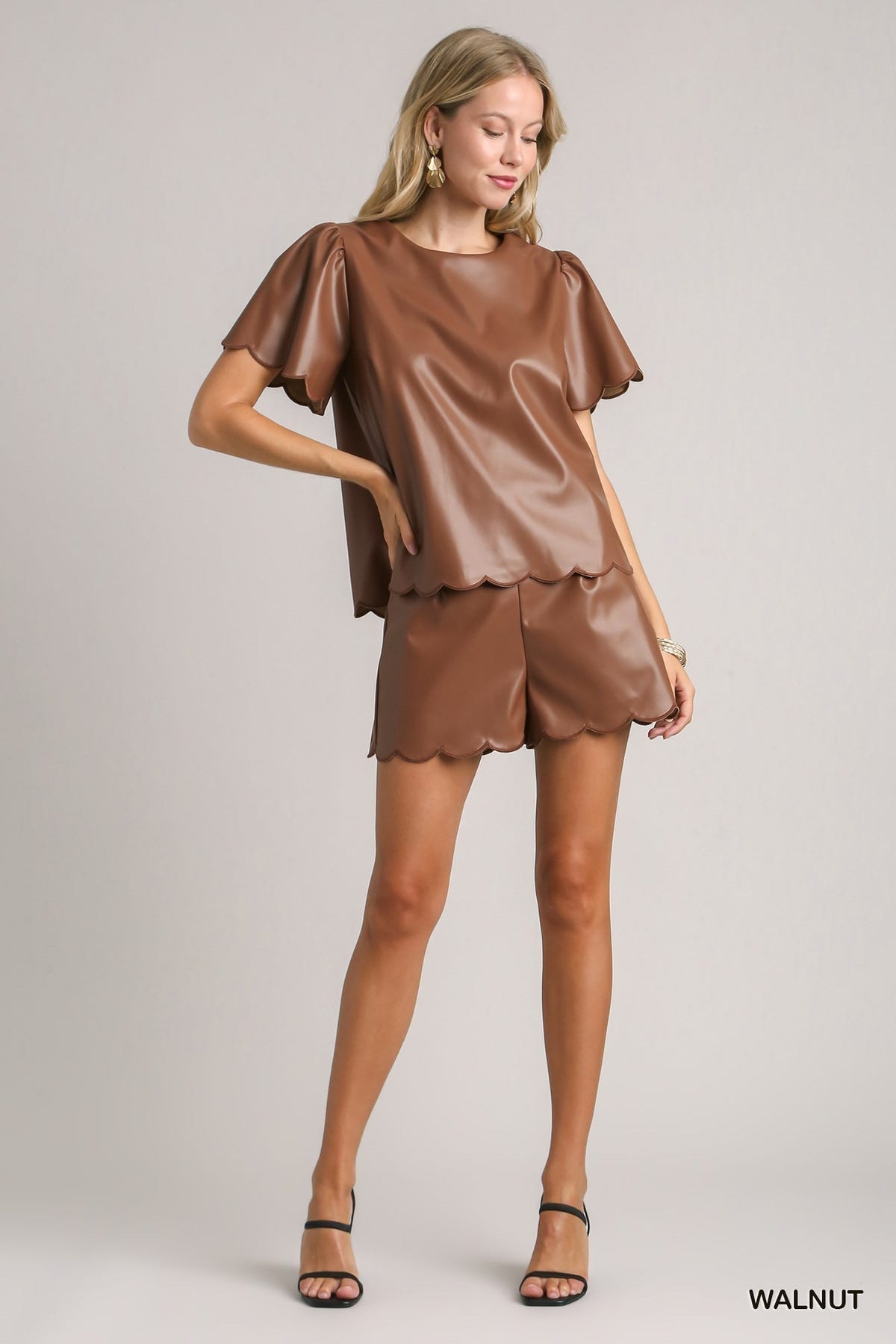 Faux Leather Short Scallop Sleeve Top S-L Janel Set Live Set w