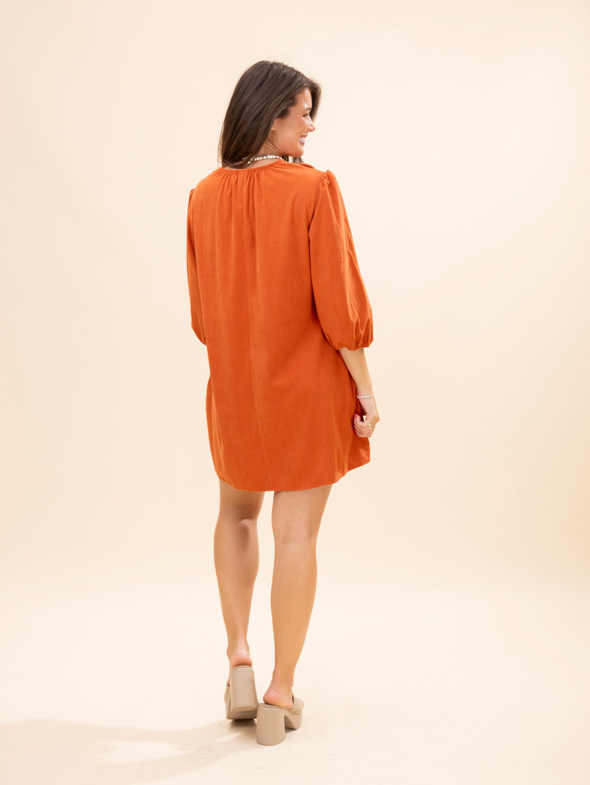 Bracelet Sleeve Split Neck Scallop Detail Pleated Corduroy Mini Dress main image 0