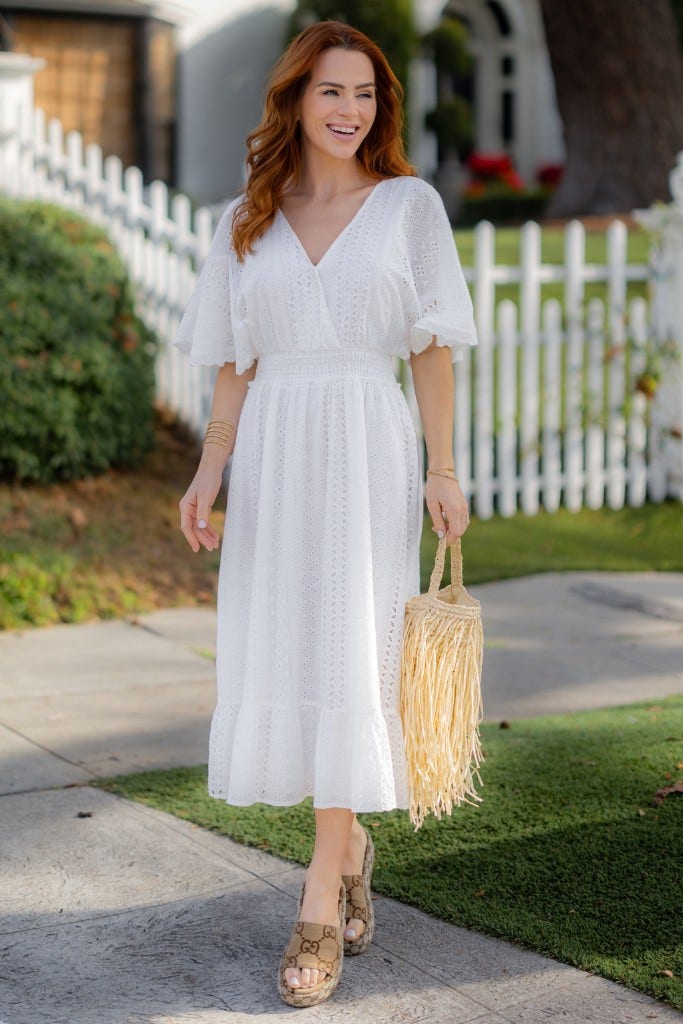 knee length dresses for ladies Seaside Striped Flutter Sleeve Midi Dress – Allie and Me Boutique