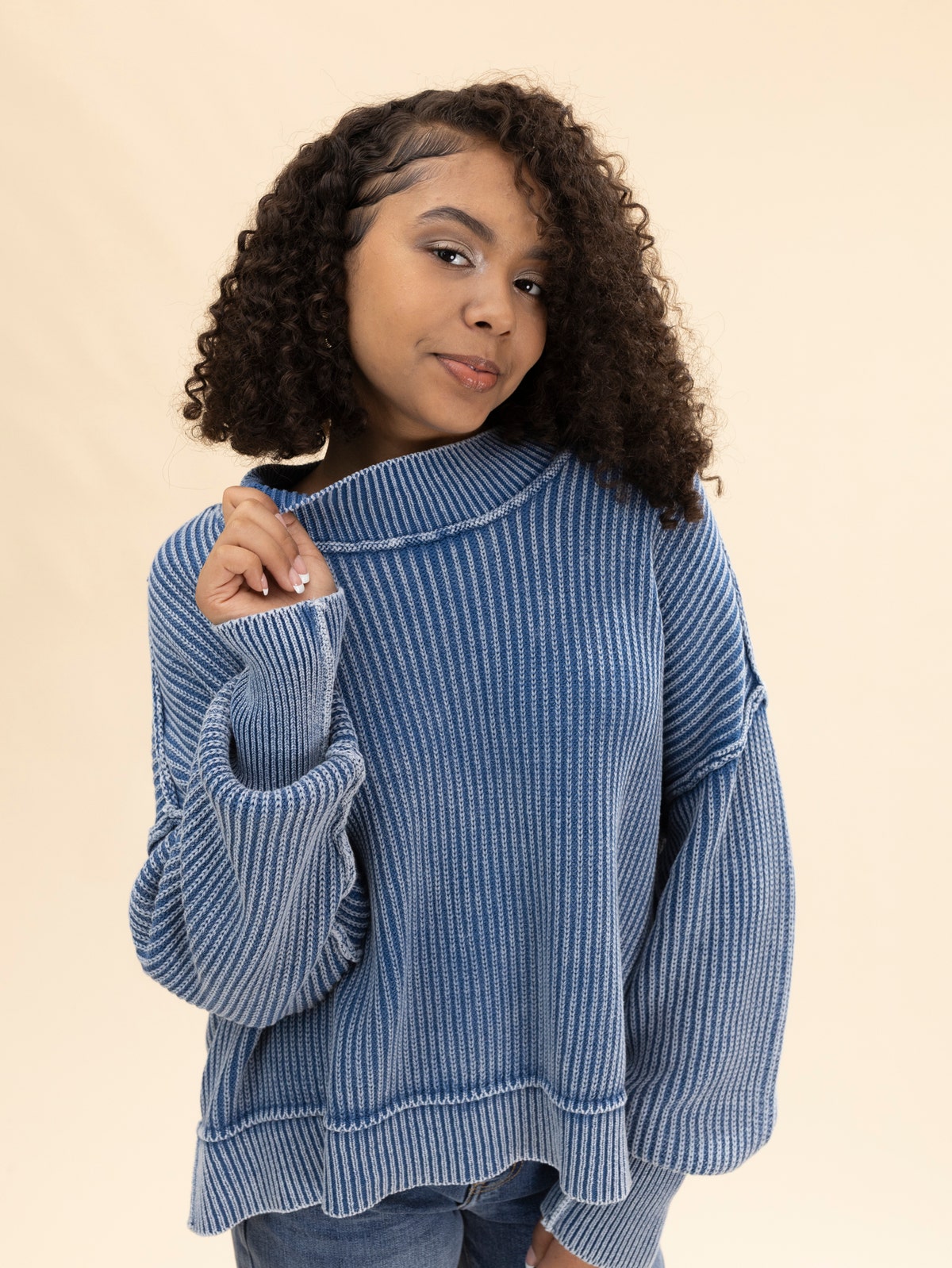 Zenana Notched Side Slit Patch Sweater