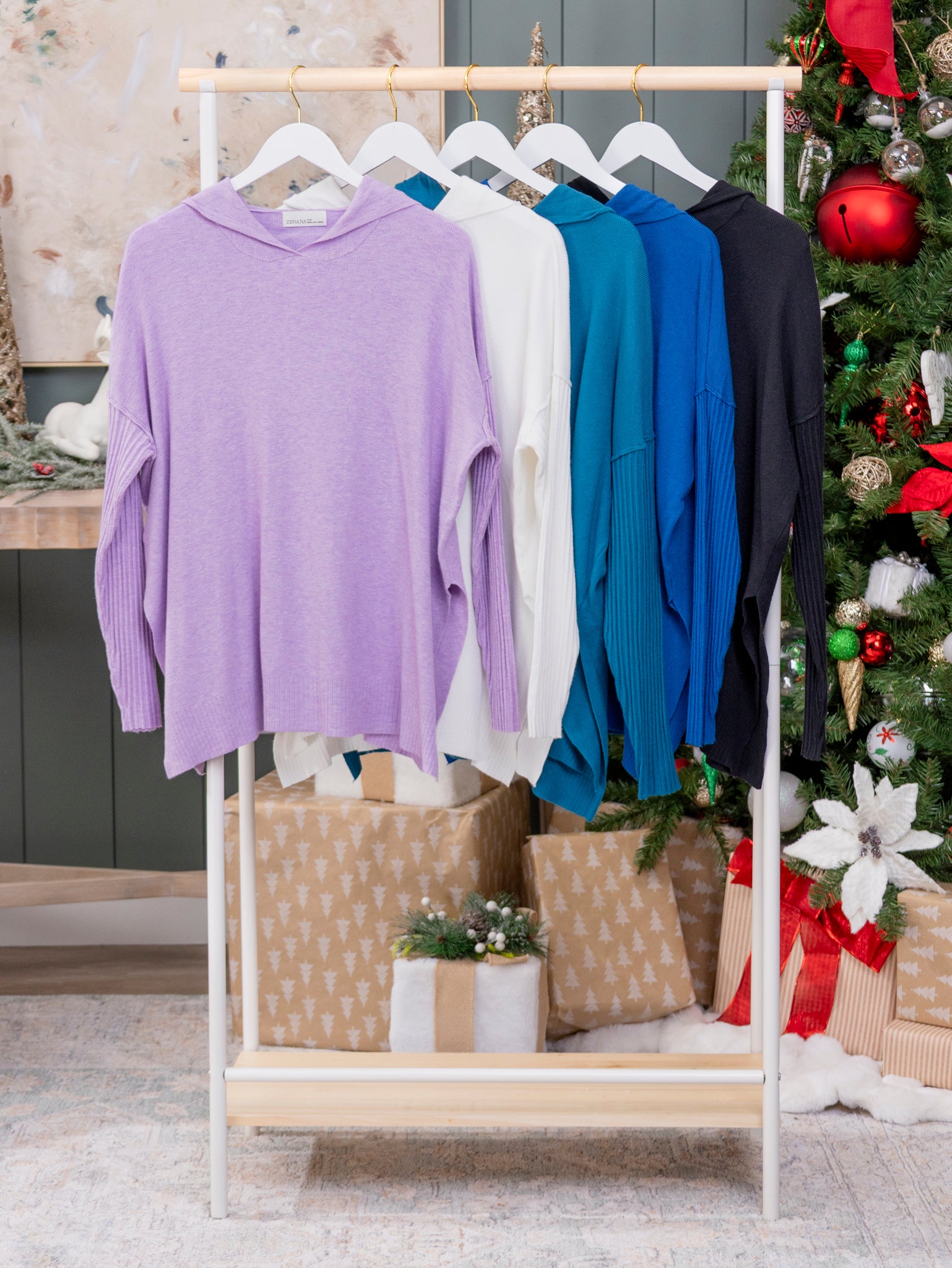 Zenana Perfect Knit Drawstring Hoodie w/ Rib Sleeve Sweater | S